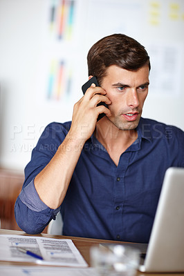 Buy stock photo Businessman, office and talking on smartphone with laptop at desk for strategy, planning, and information for project. Professional, person and working on computer for finance report on company