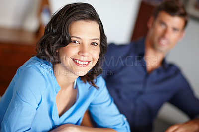 Buy stock photo Portrait, happy and woman in house of lounge for weekend away to spend relaxing time together. Married, couple and people on vacation for romance break, relaxation and bonding in safety of home 
