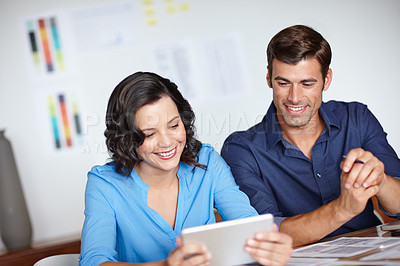 Buy stock photo Man, woman and tablet happy in office digital planning career, profession or new work experience. Colleagues, smile and communicate ideas together on notepad for job, aspiration and business growth