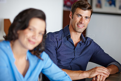 Buy stock photo Portrait, happy and businessman at work for staff meeting with support, trust and security as partner. Male person, woman and planning, solutions and ideas for a creative startup business decisions