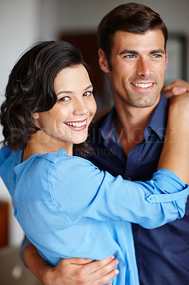 Buy stock photo Couple, together and happy hug in portrait for love, romance and memories. Man, woman and intimate embrace for relationship smiling for passion, connection or bonding affectionate and caring