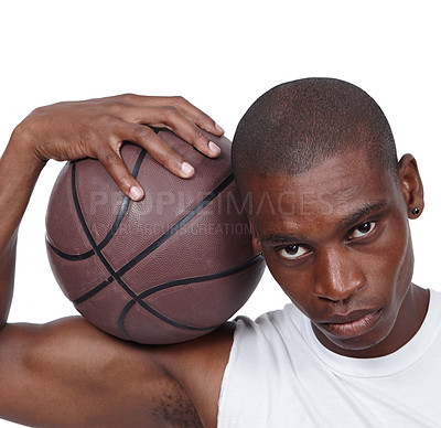Buy stock photo Black man, basketball and portrait by white background for fitness, sports and health. Exercise, strong and serious face of male athlete in studio with ball for sportswear, wellness and muscular
