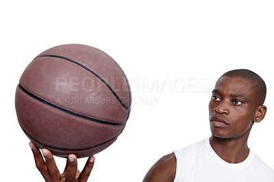Buy stock photo Black man, basketball and sports by white background for fitness goals, competition and health. Exercise, player and male athlete in studio with sportswear for training, wellness and activity