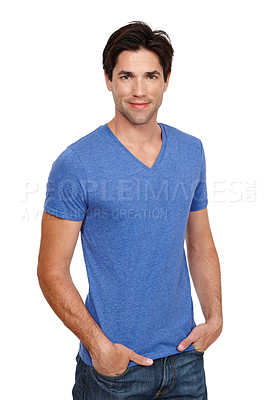 Buy stock photo Portrait of one handsome young man standing alone while isolated against a white background in the studio with copyspace. Smiling and happy model posing and feeling confident with his hands in pockets