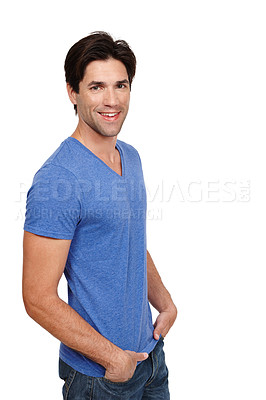 Buy stock photo Man, studio and portrait with smile for fashion with casual outfit with hands in pocket with confidence. Male person, happy and white background with informal style for confident pose with pride