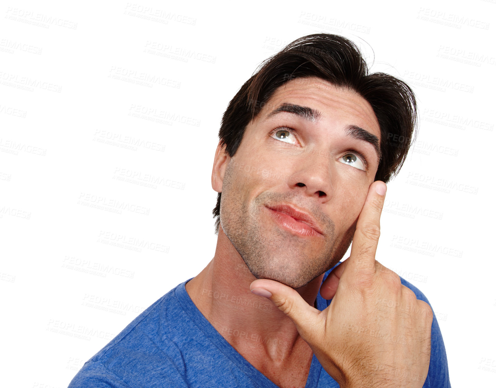 Buy stock photo Man, thinking and studio with vision for ideas with looking up with isolated on white background with hand sign. Male person, reflection and confidence with brainstorming, curious and wonder