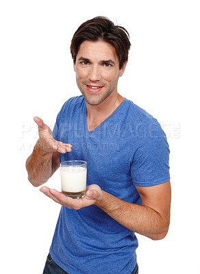 Buy stock photo Man, portrait and milk for calcium in studio, dairy and milkshake for nutrition on white background. Male person, glass and proud of vanilla smoothie for diet, weight loss and organic vitamin d