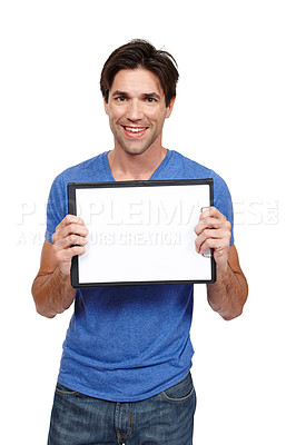 Buy stock photo Portrait, man and blank clipboard in studio for presentation,  paperwork and mockup on white backdrop. Male person, happiness and document for signature, commerce and confident for retail display