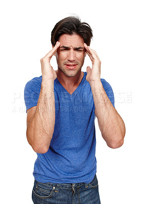 Buy stock photo Stressed, man and suffering from headache in studio from overwork, burnout and mental health issues. Frustrated, person and standing with migraine problems in isolated white background