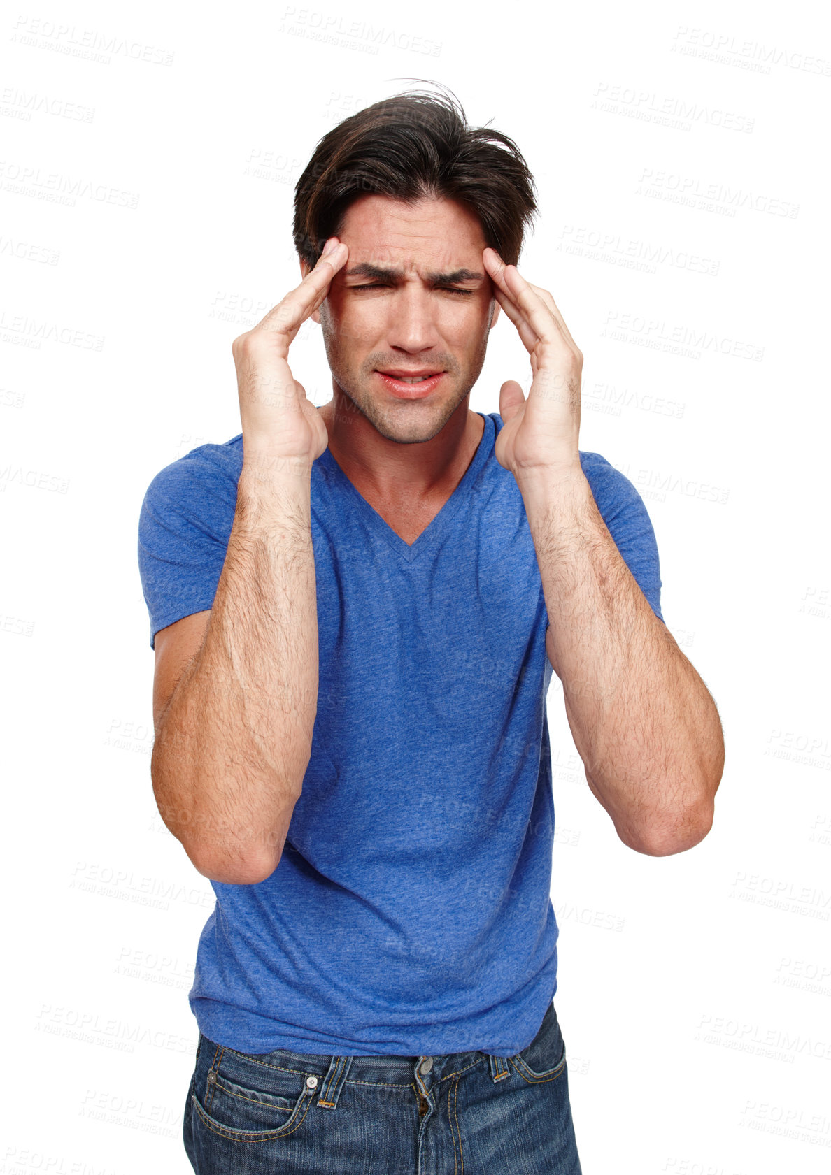 Buy stock photo Stressed, man and suffering from headache in studio from overwork, burnout and mental health issues. Frustrated, person and standing with migraine problems in isolated white background