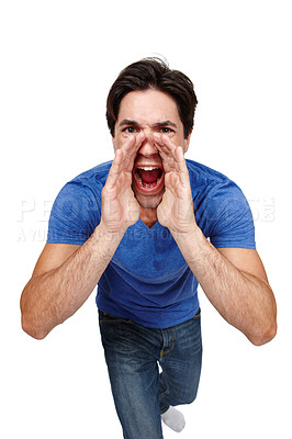 Buy stock photo Hands, face and man shouting in studio with announcement, news or loud warning on white background. Noise, speech and portrait of male model screaming information, voice or communication promotion