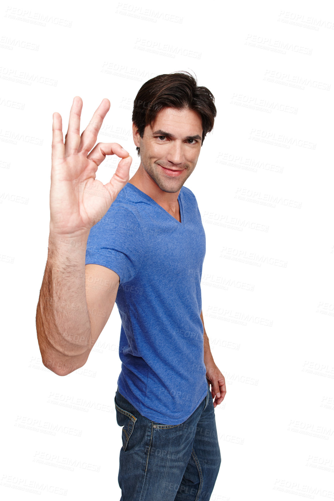 Buy stock photo Portrait, ok and man in studio for approval, good decision and agreement with hand sign. White background, positive gesture and face of isolated male person with smile for yes, consent and happiness