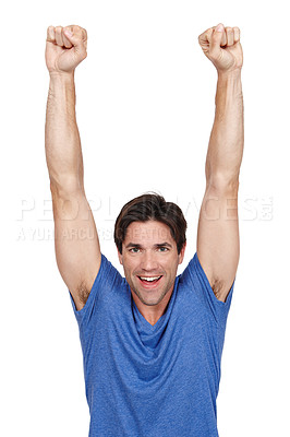 Buy stock photo Happy, portrait and excited man with winner fist celebration in studio for news, announcement or giveaway on white background. Success, face and male model with cheering hands for competition prize