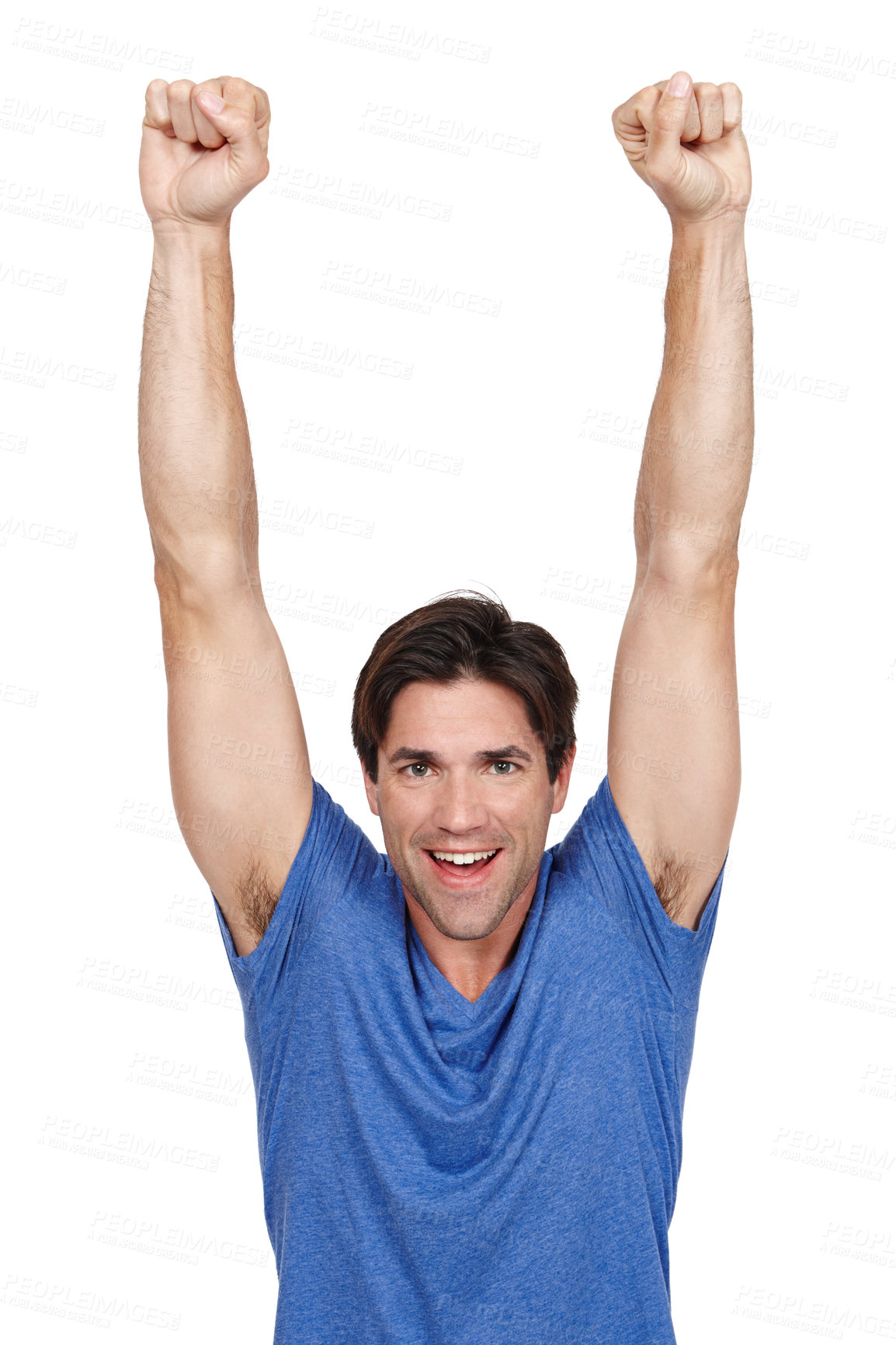 Buy stock photo Happy, portrait and excited man with winner fist celebration in studio for news, announcement or giveaway on white background. Success, face and male model with cheering hands for competition prize