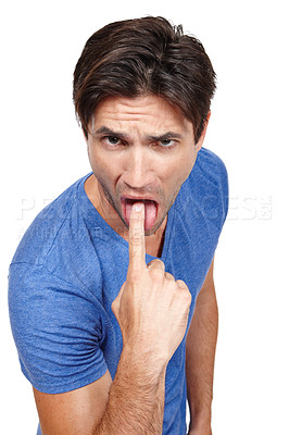 Buy stock photo Man, studio and gesture with finger for nausea or disgust, expression or symbol or sick. Male person, hand sign and mouth on backdrop with pointer for puke, turn off or gross in Amsterdam or Europe