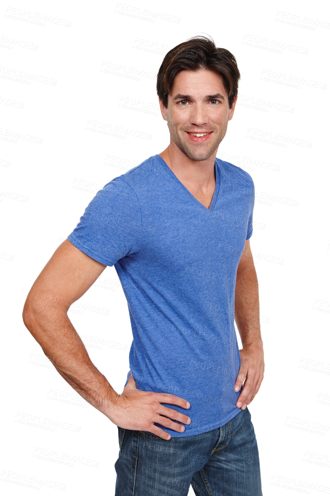 Buy stock photo Man, portrait and studio with smile for fashion with casual outfit with hands in waist with confidence. Male person, happy and white background with informal style with pride for confident pose