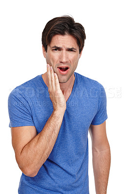 Buy stock photo Man, toothache and dental problem in studio for gum health, cavities and pain isolated on white background. Portrait, male person and bad breath for mockup, bacteria infection and gingivitis.