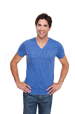 Buy stock photo Man, smile and studio with portrait for fashion with casual outfit with hands on waist with confidence. Male person, white background and happy with informal style with pride for confident pose