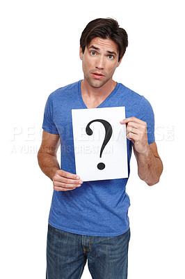 Buy stock photo Confused, poster or portrait of man with question mark in studio asking for solution, guide or advice on white background. Banner, why or face of male model with sign for brainstorming, faq or help