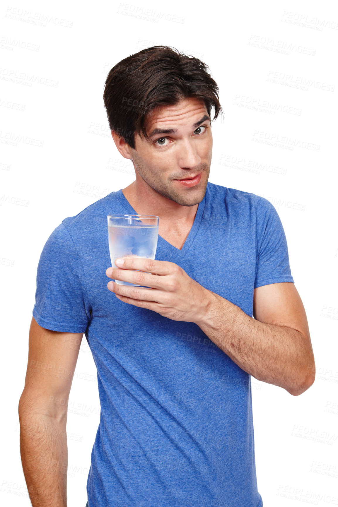 Buy stock photo Man, portrait and glass of water in studio, thirsty and cold beverage for hydration on white background. Male person, mineral liquid and vitamins or confidence in nutrition, aqua and detox or diet