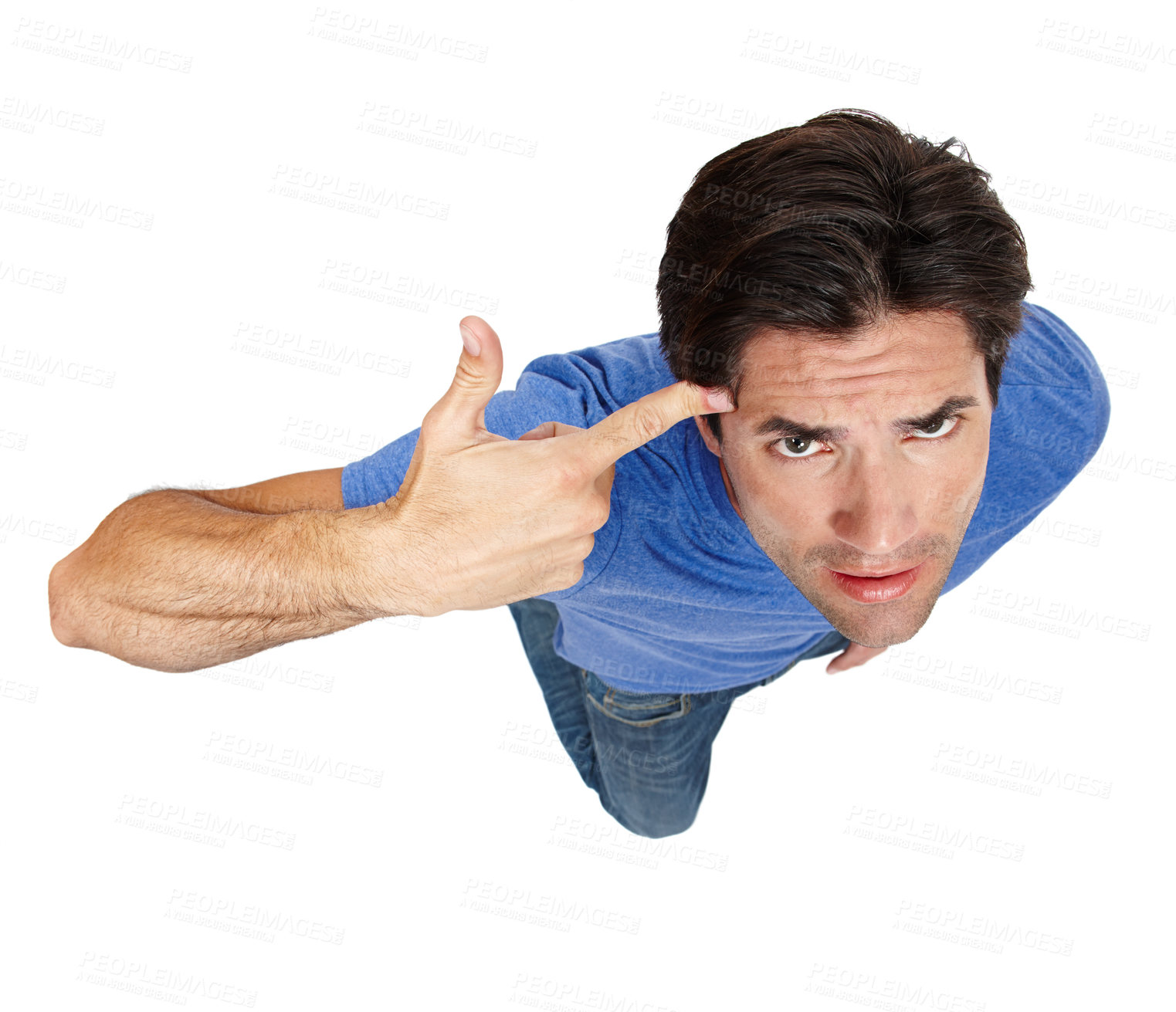 Buy stock photo Man, studio and hand to head for gun or mental health, depression or anxiety in above. Male person and backdrop with gesture or sign for shooting with pistol, stress or pressure or angry in Spain