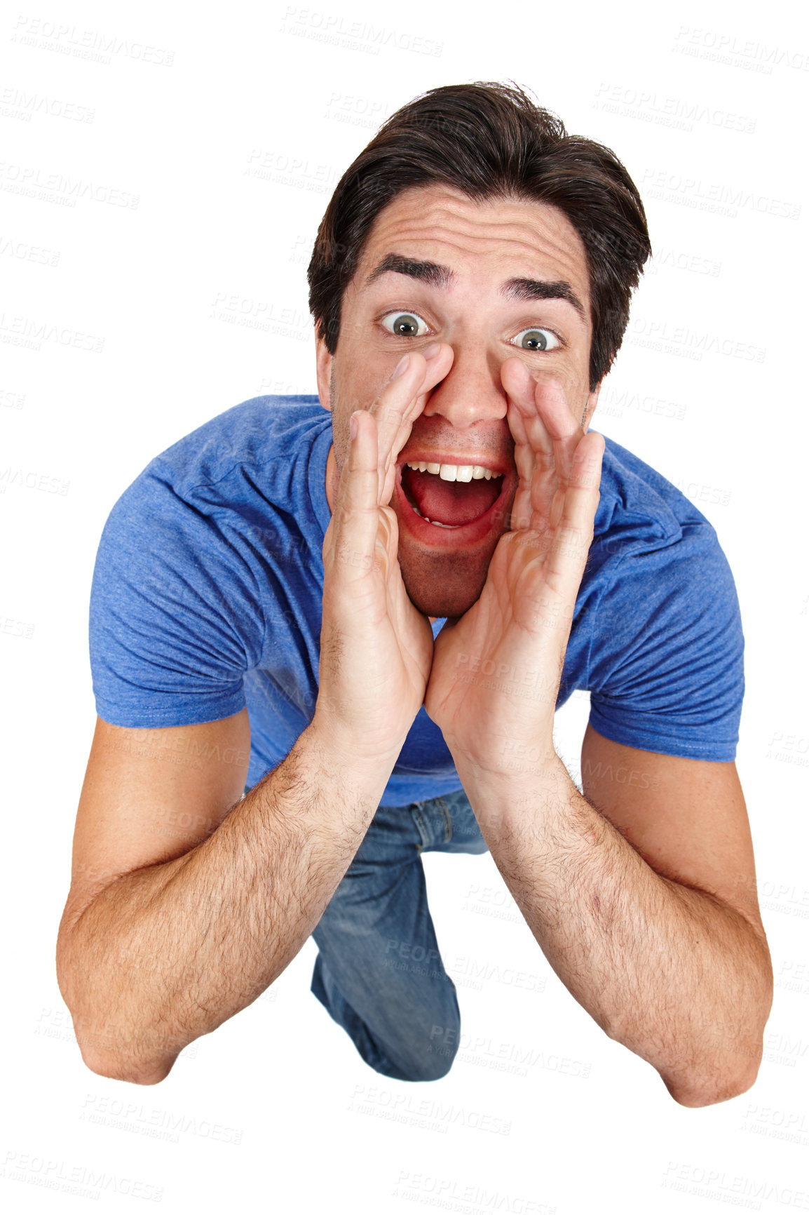 Buy stock photo Hands, face and man shouting in top view studio with announcement, news or message on white background. Noise, speech and portrait of male model screaming info, broadcast or communication promotion