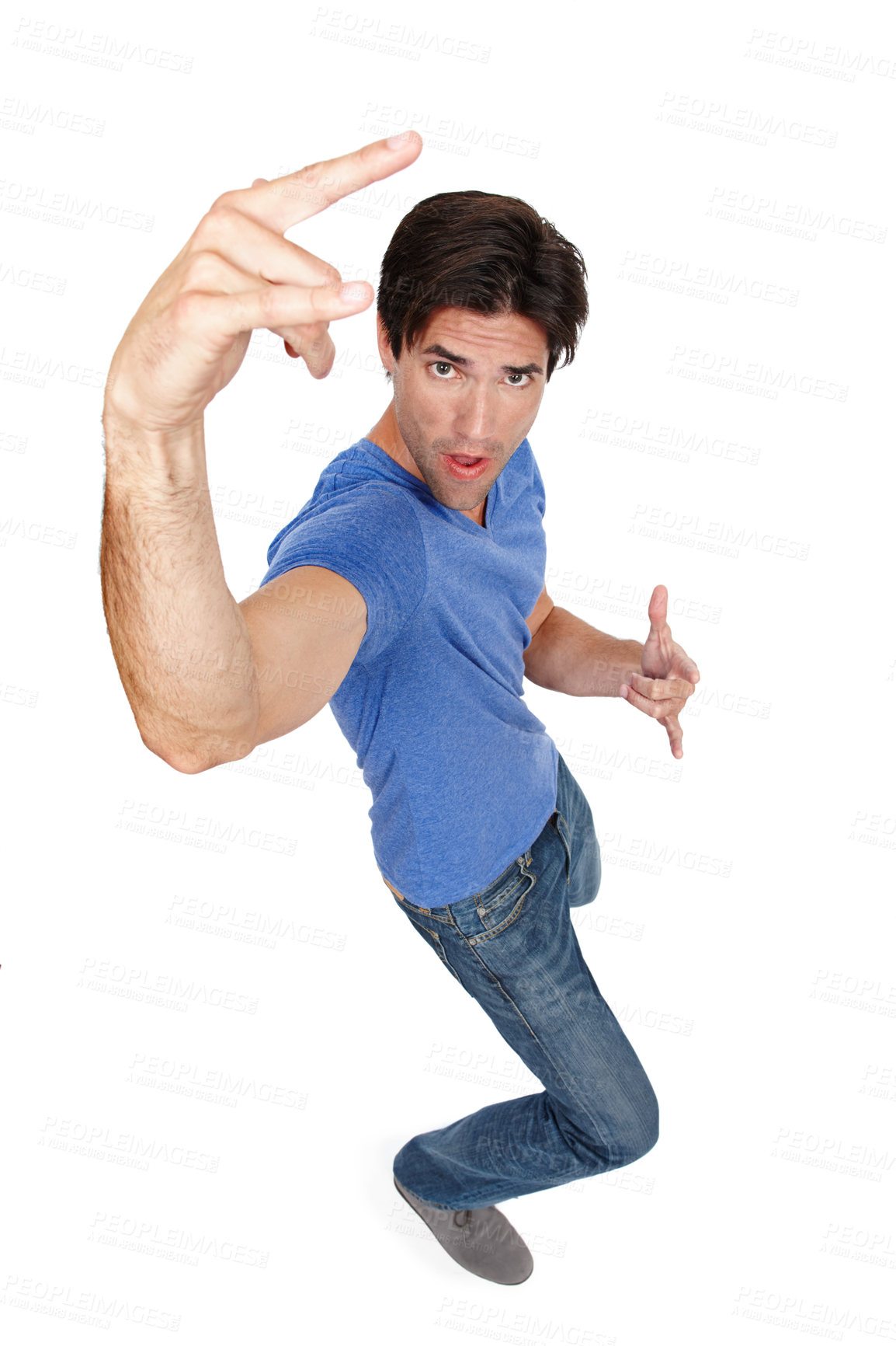 Buy stock photo Male person, devil horns and hand sign in studio for gesture or symbol, rocker or upbeat and cool. Man, high angle and confident with fingers or fist for statement, announcement or happy or assertive