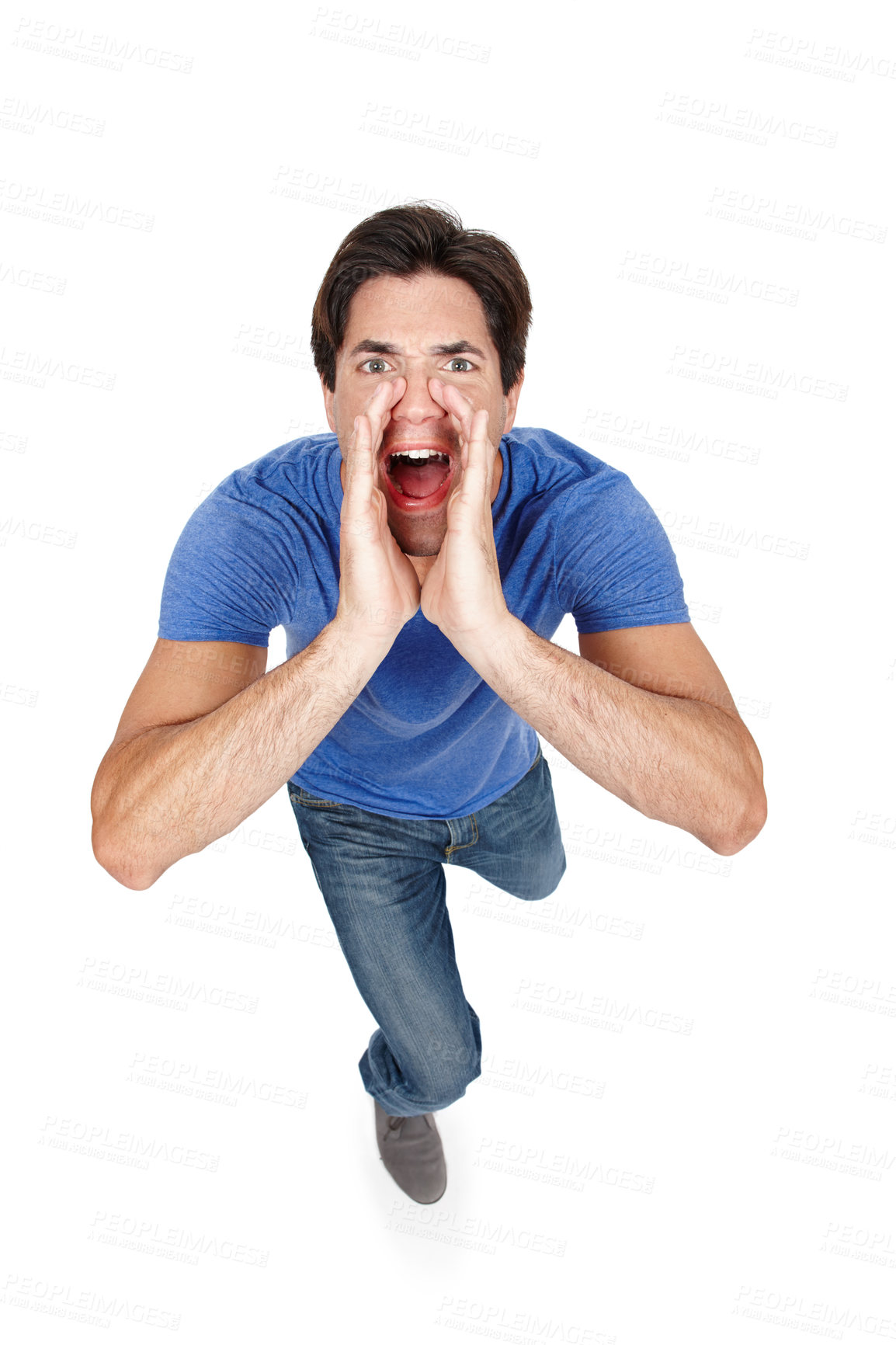 Buy stock photo Hands, portrait and man shouting in studio top view with announcement, news or message on white background. Noise, speech and face of male model screaming info, broadcast or communication promotion