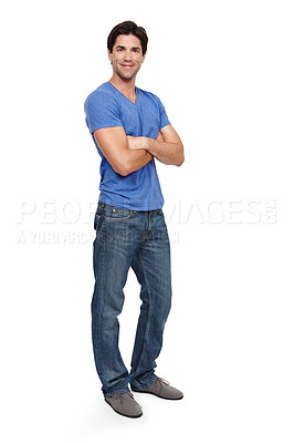 Buy stock photo Man, casual and portrait with studio for fashion with relaxed outfit with arms crossed with confidence. Teacher, training and creative with education in schools with intelligent pose with pride