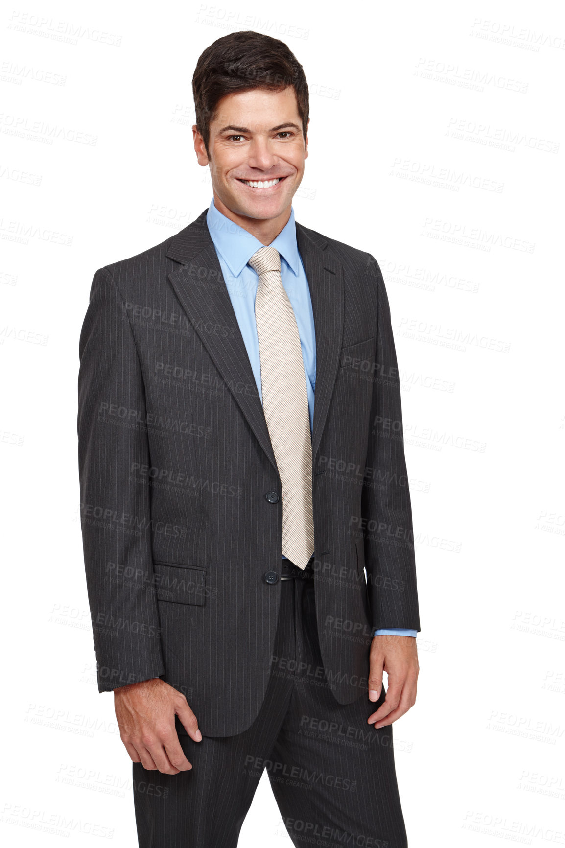 Buy stock photo Businessman, portrait and happy with suit, isolated and confidence in studio or white background. Male person, well dressed and smiling in backdrop for recruitment, hiring and job opportunity