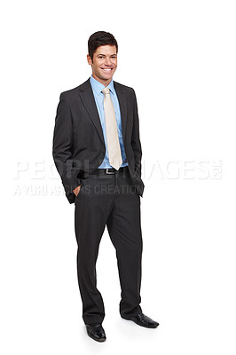 Buy stock photo Full-length studio portrait of a businessman in a suit standing against a white background