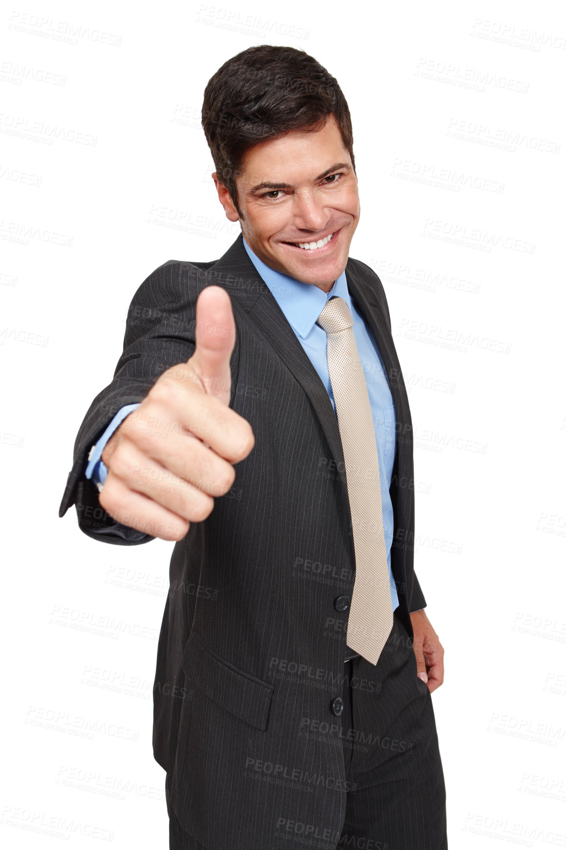 Buy stock photo Businessman, portrait and happy with suit, isolated and achievement in studio or white background. Male person, confidence and smiling in backdrop for recruitment, hiring and job opportunity