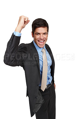 Buy stock photo Businessman, portrait and excited with suit, isolated and celebration in studio or background. Male person, cheerful and smiling in backdrop for recruitment, hiring and job opportunity or success
