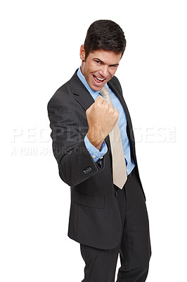 Buy stock photo Studio portrait of a well-dressed businessman celebrating a victory against a white background