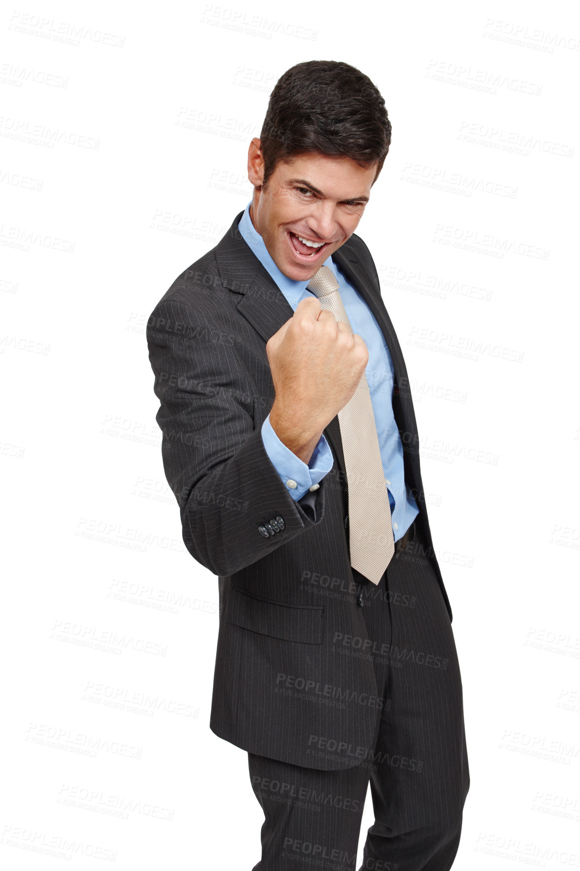 Buy stock photo Studio portrait of a well-dressed businessman celebrating a victory against a white background