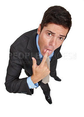 Buy stock photo Portrait, businessman and gesture in disgust with gagging, disapproval and high angle in studio. Male person, professional and finger in mouth in negative, expression and reaction in white background