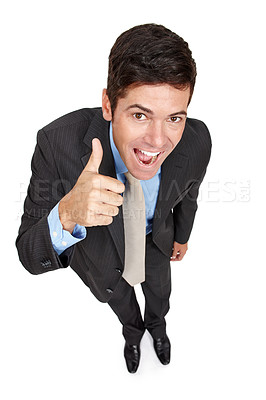 Buy stock photo Businessman, portrait and thumbs up for approval in studio, yes and motivation for winner on white background. Male person, top view and like emoji for agreement or success, promotion and thank you