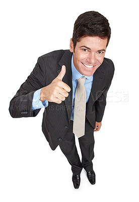 Buy stock photo Businessman, portrait and thumbs up for like in studio, yes and motivation for winner on white background. Male person, top view and emoji for agreement or success, promotion and great or thank you