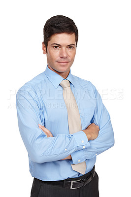 Buy stock photo Portrait, realtor and man with pride, isolated and confidence in studio or white background. Male person, real estate agent and smile with arms crossed for viewing, property and work in Brazil