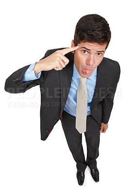 Buy stock photo Businessman, portrait and pointing in studio with for frustrated, headache and angry or stress. Corporate man, business and upset or fed up for fail, mistake and risk on isolated white background