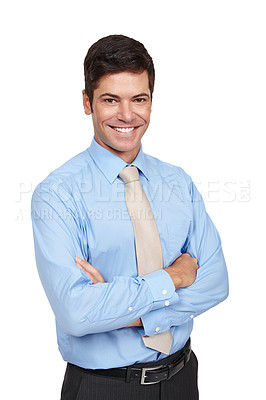 Buy stock photo Business man, portrait and happy with suit, isolated and confidence in studio or white background. Male person, arms crossed and smiling in backdrop for recruitment, hiring and job opportunity