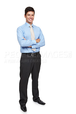 Buy stock photo Full length studio portrait of a well dressed businessman standing with his arms crossed against a white background. A young entrepreneur looking confident and proud, feeling positive positive