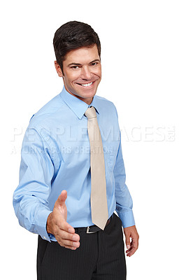 Buy stock photo Businessman, portrait and happy with handshake, isolated and confident in white background. Male person, welcome and smile in backdrop for recruitment, hiring and job opportunity in deal or interview