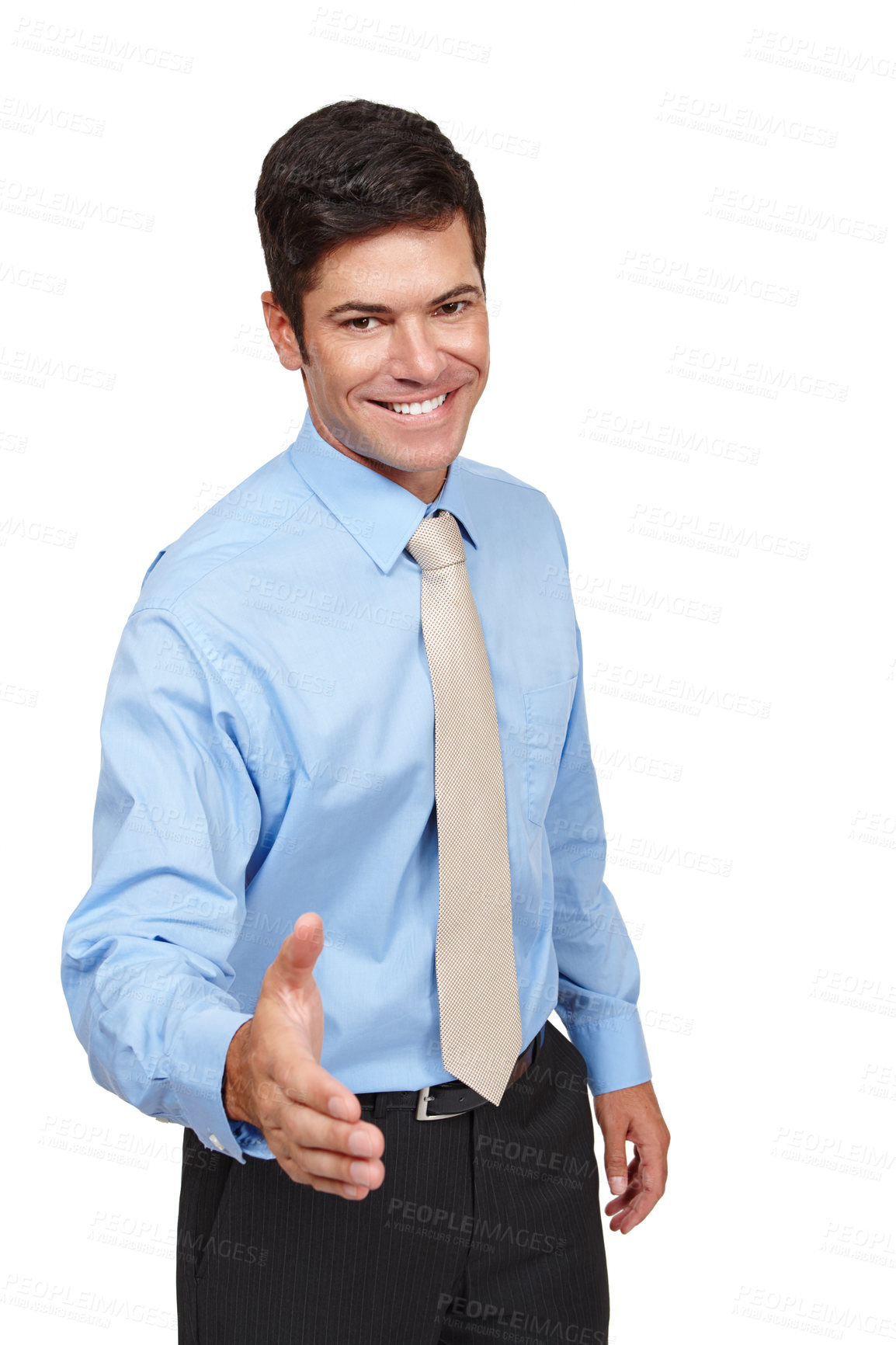 Buy stock photo Businessman, portrait and happy with handshake, isolated and confident in white background. Male person, welcome and smile in backdrop for recruitment, hiring and job opportunity in deal or interview