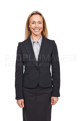 Buy stock photo Female person and confidence with smile in studio or attorney, corporate or lawyer with job. Woman, face and relax on backdrop in portrait for law firm, advocate or advisor with career in London
