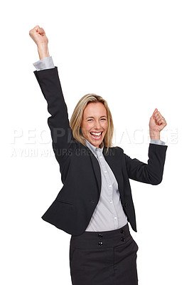 Buy stock photo Woman, excited and portrait for victory and success in career, corporate planning and project management for business on white background. Young lady or consultant happy for achievement in company