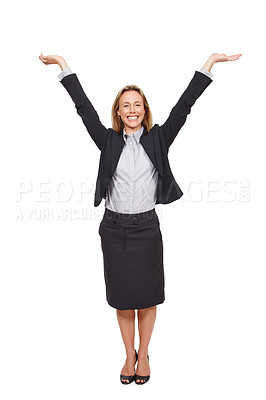 Buy stock photo Woman, smile and portrait for success in career, corporate planning and project management for business on white background. Young lady or consultant and celebrate with cheerful body gesture for job