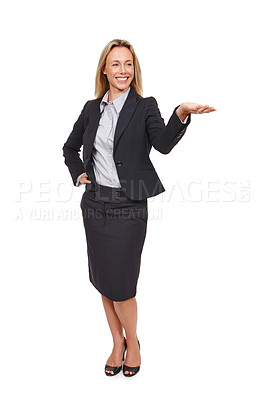 Buy stock photo Business, hand and happy woman with palm space in studio for news, mockup or announcement on white background. Presentation, offer and employer show sign up, we are hiring or recruitment newsletter