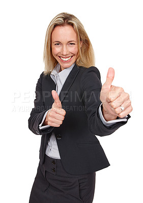 Buy stock photo Businesswoman, portrait and thumbs up for win in studio, yes and motivation for victory on white background. Female person, okay and like emoji for agreement or success, promo and great or thank you