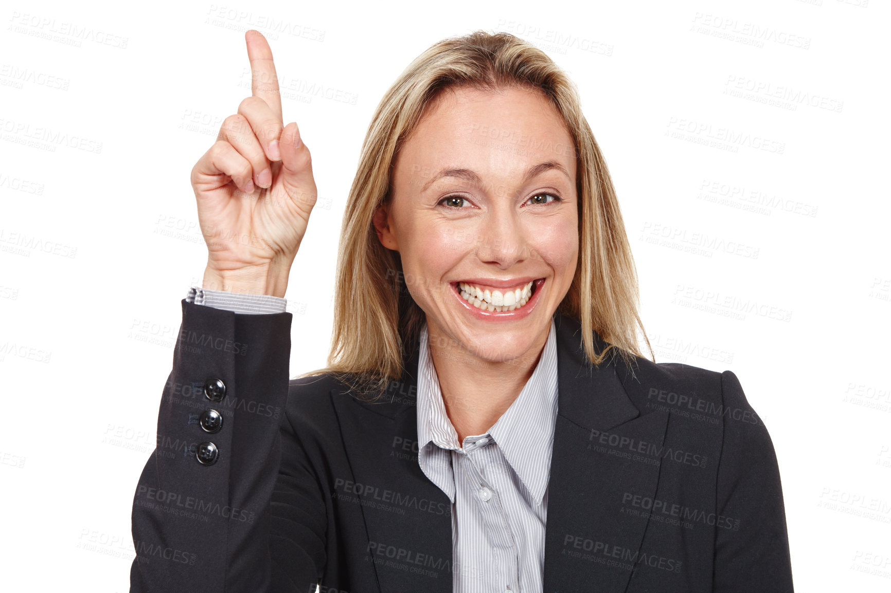 Buy stock photo Business woman, pointing and portrait for promotion in studio, advertising and info on white background. Happy female person, mockup space and presenting a deal, announcement and direction for offer